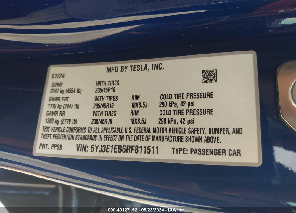 2024 TESLA MODEL 3 LONG RANGE DUAL MOTOR ALL-WHEEL DRIVE VIN: 5YJ3E1EB6RF811511