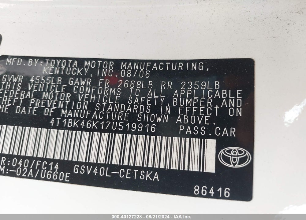 2007 TOYOTA CAMRY SE V6 VIN: 4T1BK46K17U519916