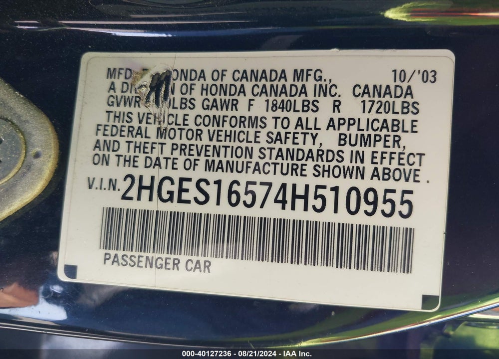 2004 HONDA CIVIC LX VIN: 2HGES16574H510955