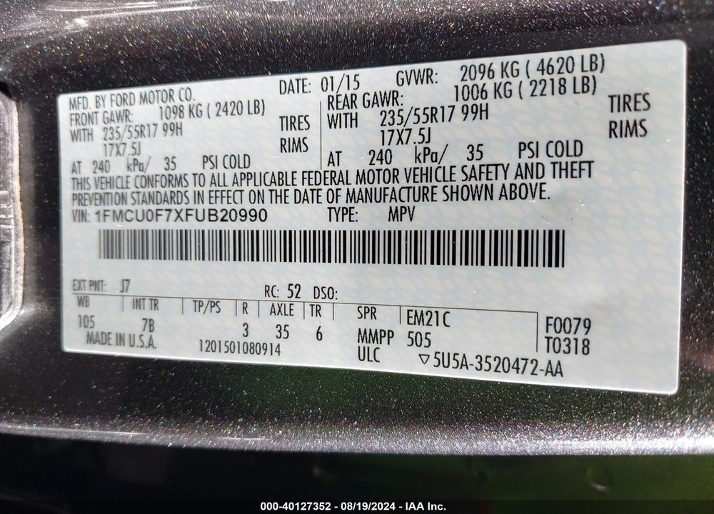 2015 FORD ESCAPE S VIN: 1FMCU0F7XFUB20990