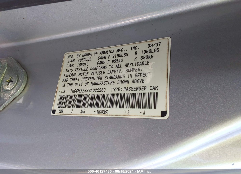 2007 HONDA ACCORD VIN: 1HGCM72337A022260