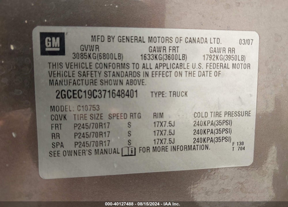 2007 CHEVROLET SILVERADO 1500 LT1 VIN: 2GCEC19C371648401