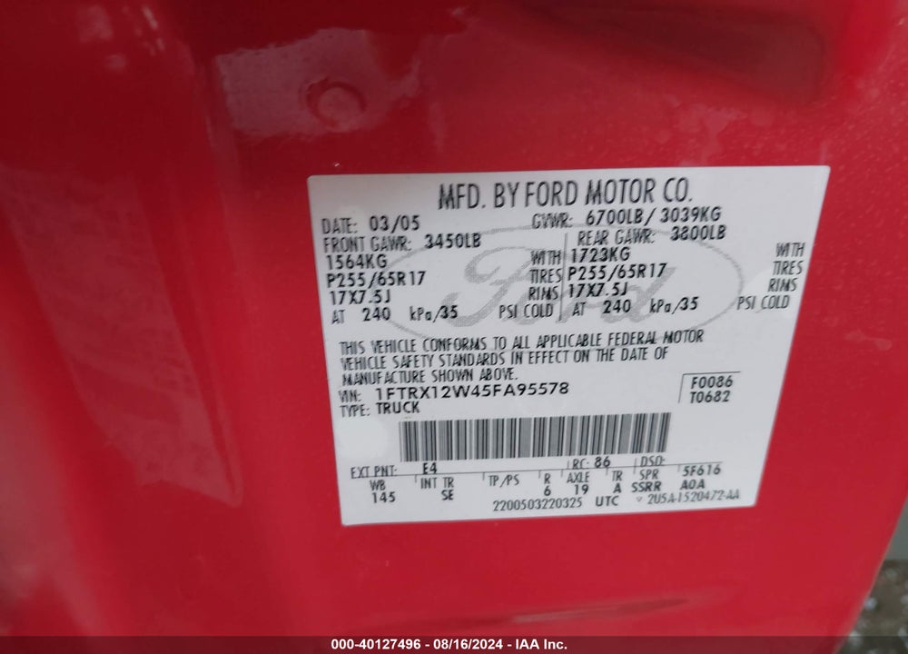 2005 FORD F-150 STX/XL/XLT VIN: 1FTRX12W45FA95578