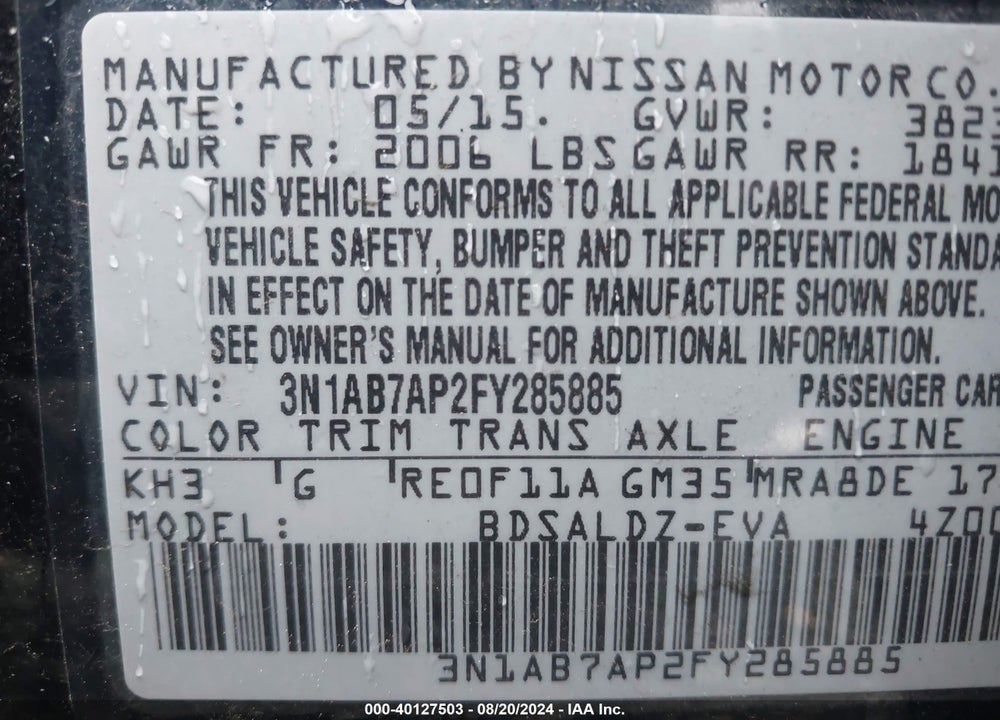 2015 NISSAN SENTRA SV VIN: 3N1AB7AP2FY285885