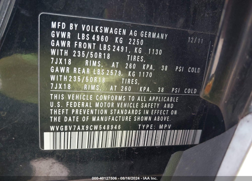 2012 VOLKSWAGEN TIGUAN SE VIN: WVGBV7AX9CW548946