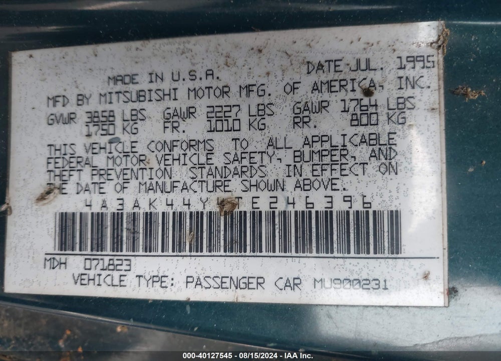 1996 MITSUBISHI ECLIPSE GS VIN: 4A3AK44Y4TE246396