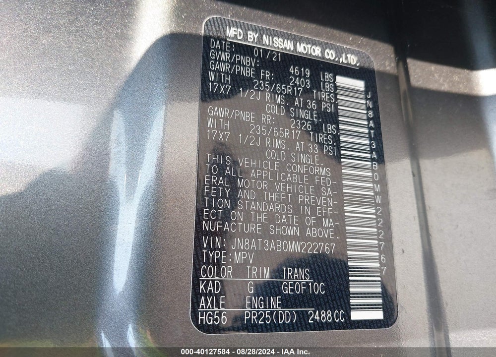 2021 NISSAN ROGUE S INTELLIGENT AWD VIN: JN8AT3AB0MW222767