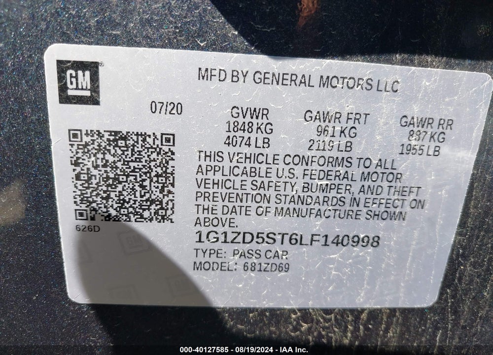 2020 CHEVROLET MALIBU FWD LT VIN: 1G1ZD5ST6LF140998