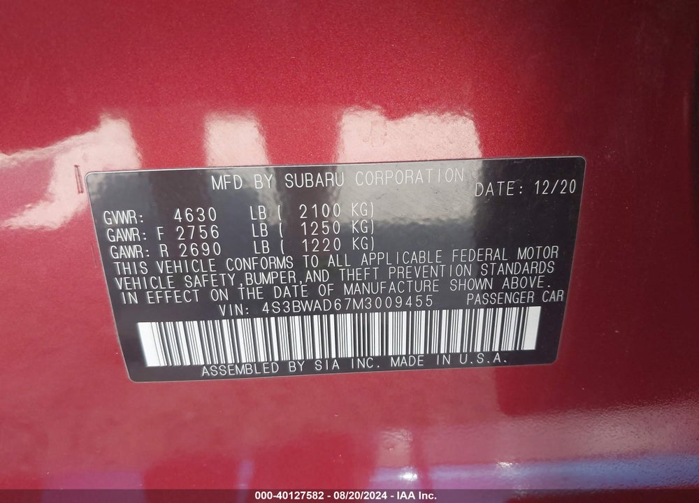 2021 SUBARU LEGACY PREMIUM VIN: 4S3BWAD67M3009455