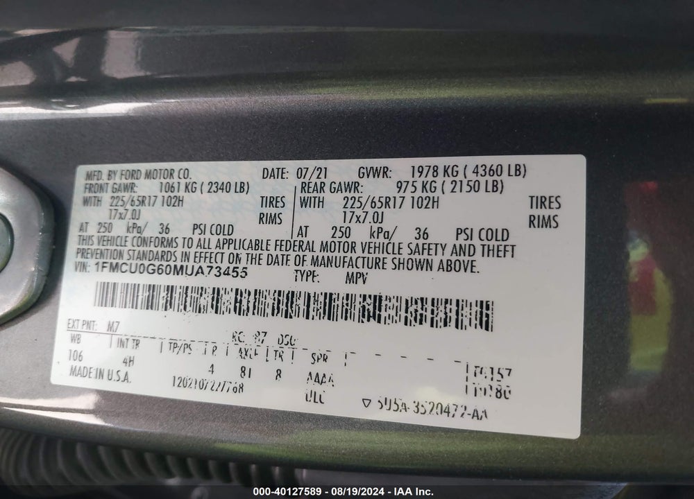 2021 FORD ESCAPE SE VIN: 1FMCU0G60MUA73455