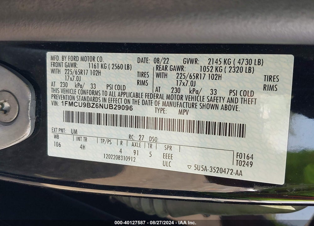 2022 FORD ESCAPE SE HYBRID VIN: 1FMCU9BZ6NUB29096