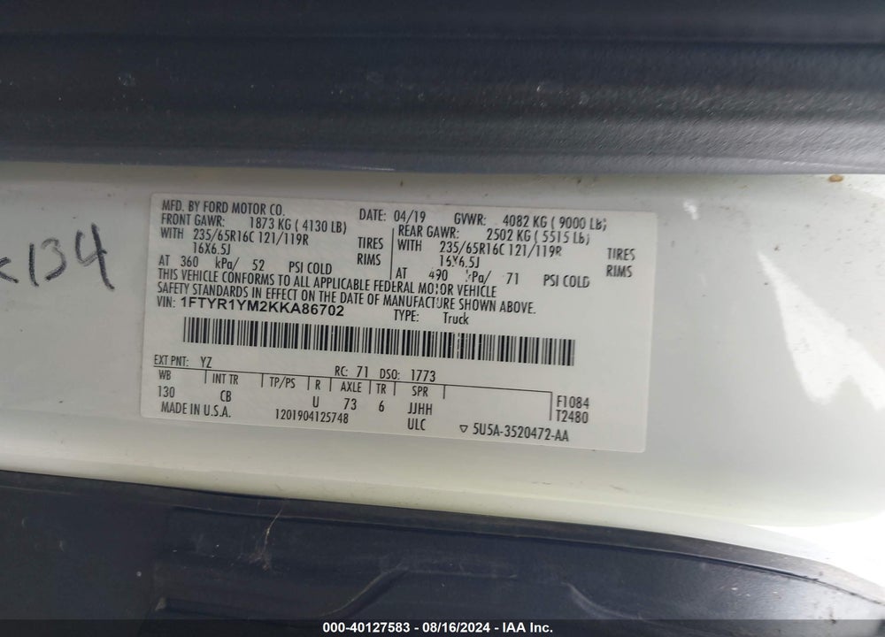 2019 FORD TRANSIT-250 VIN: 1FTYR1YM2KKA86702