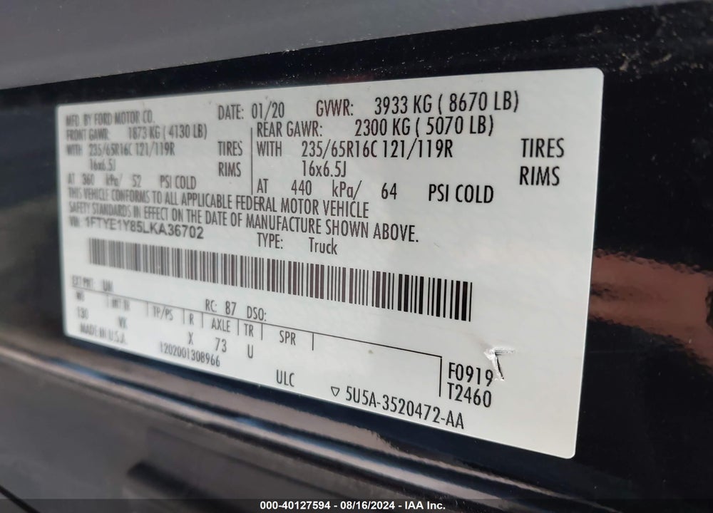 2020 FORD TRANSIT-150 VIN: 1FTYE1Y85LKA36702