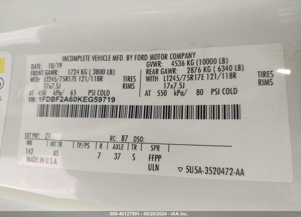 2019 FORD F-250 XL VIN: 1FDBF2A60KEG59719
