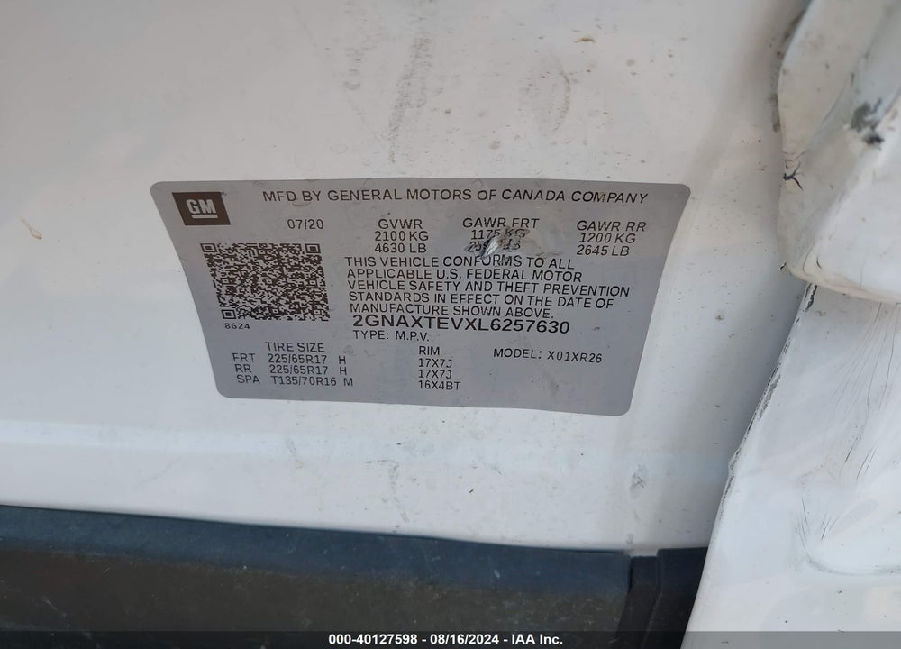 2020 CHEVROLET EQUINOX VIN: 2GNAXTEVXL6257630