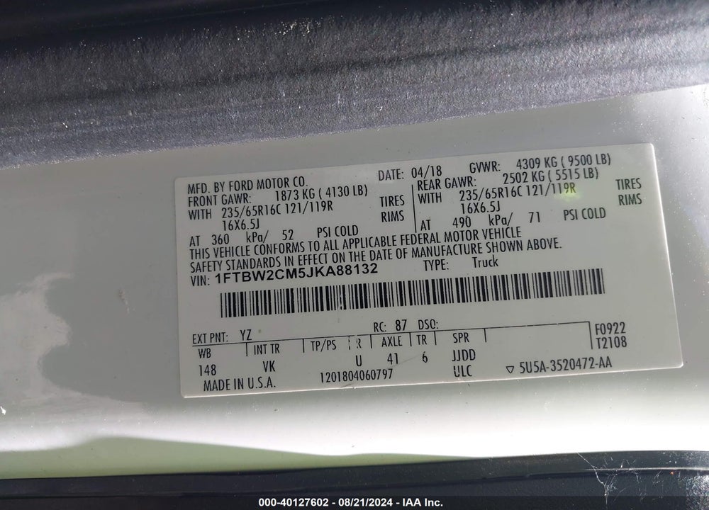 2018 FORD TRANSIT-350 VIN: 1FTBW2CM5JKA88132