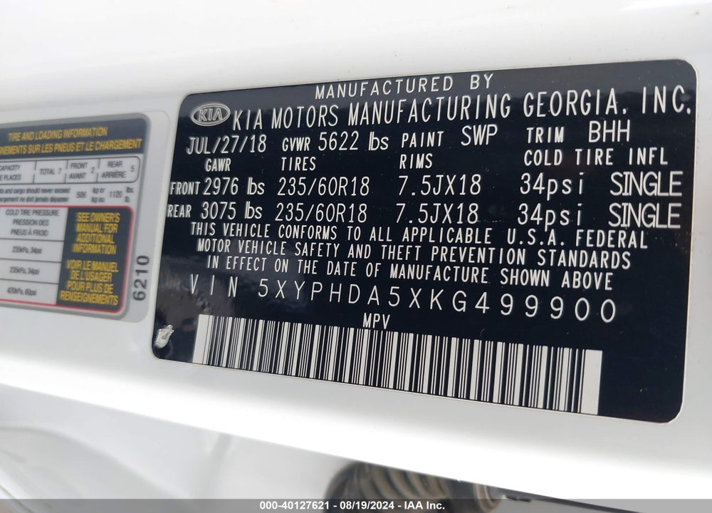 2019 KIA SORENTO 3.3L EX VIN: 5XYPHDA5XKG499900