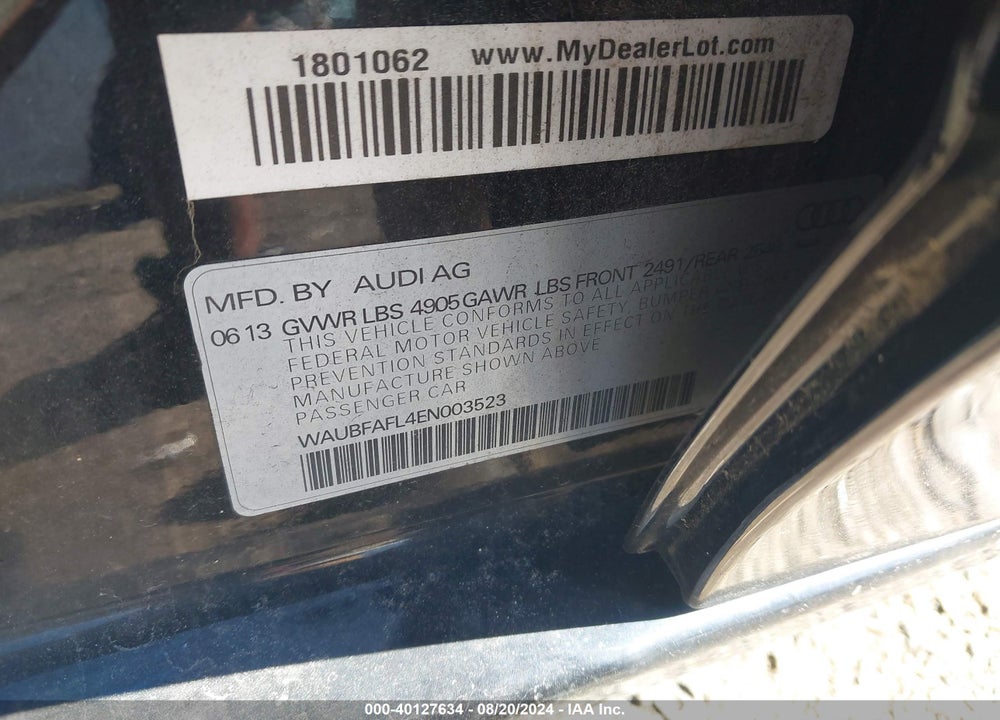 2014 AUDI A4 2.0T PREMIUM VIN: WAUBFAFL4EN003523