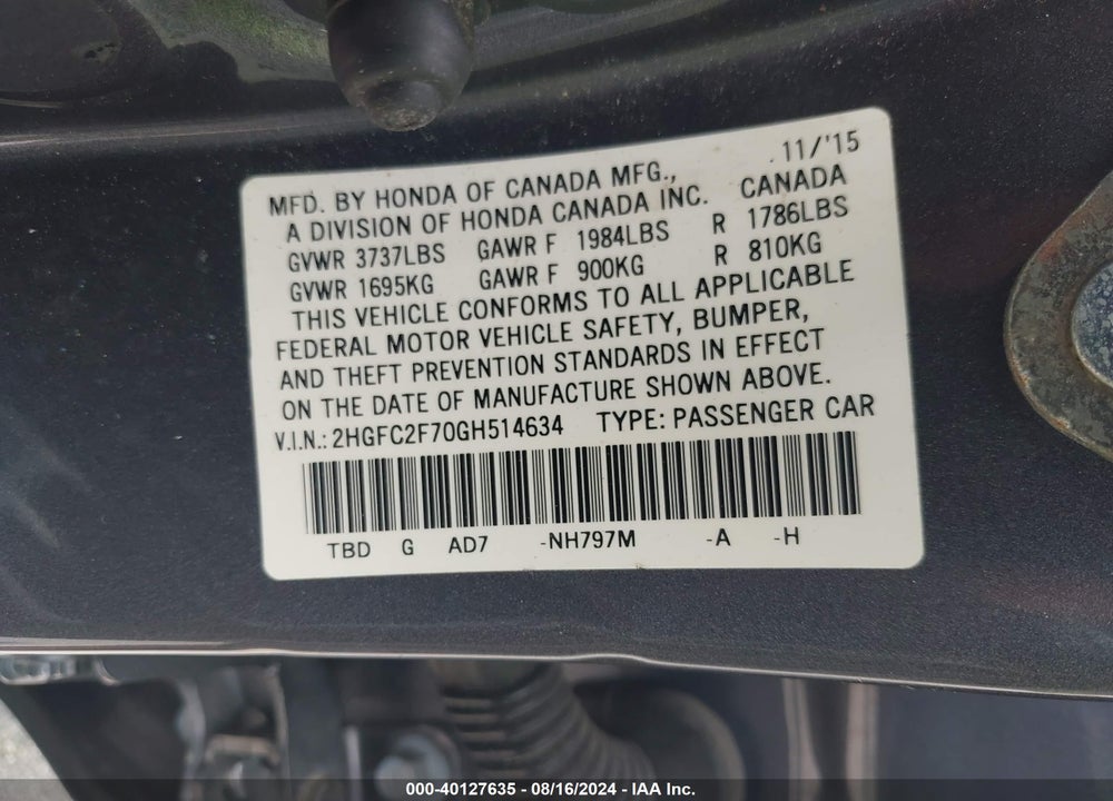 2016 HONDA CIVIC VIN: 2HGFC2F70GH514634