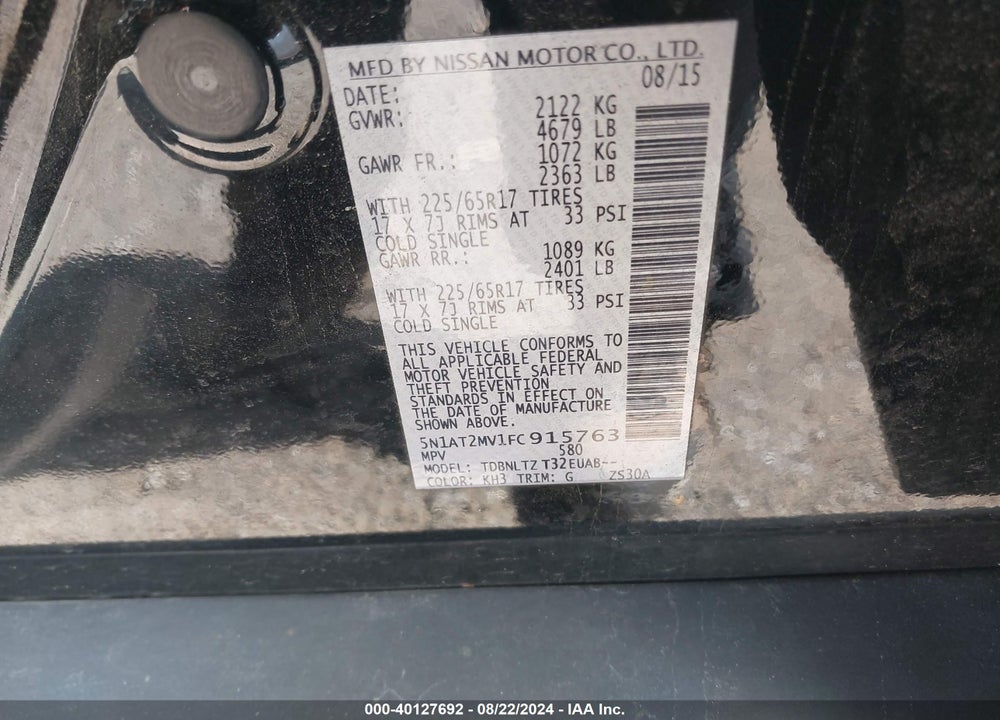 2015 NISSAN ROGUE SV VIN: 5N1AT2MV1FC915763