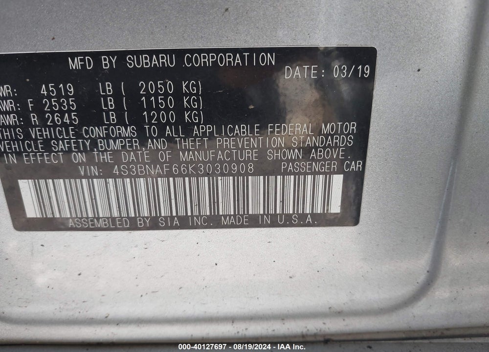 2019 SUBARU LEGACY 2.5I PREMIUM VIN: 4S3BNAF66K3030908