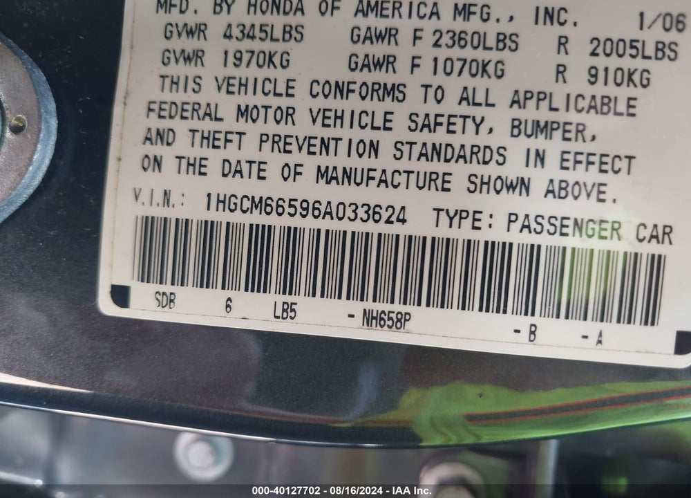 2006 HONDA ACCORD 3.0 EX VIN: 1HGCM66596A033624