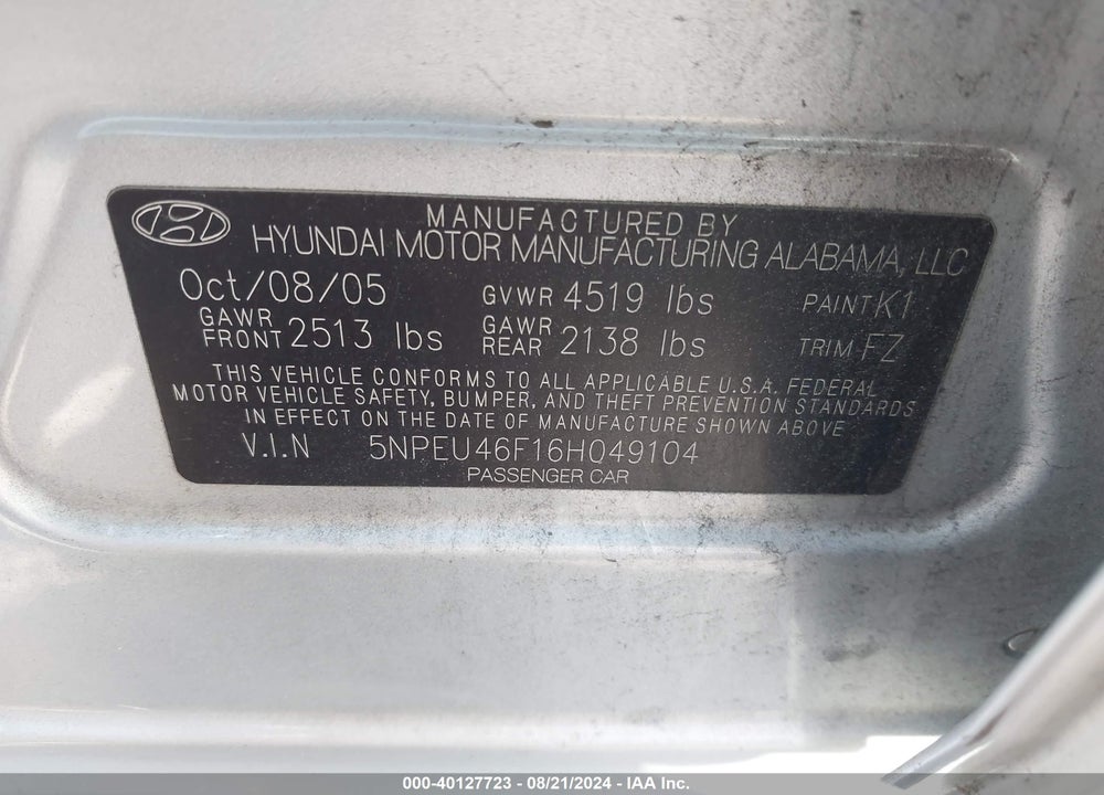 2006 HYUNDAI SONATA GLS V6/LX V6 VIN: 5NPEU46F16H049104