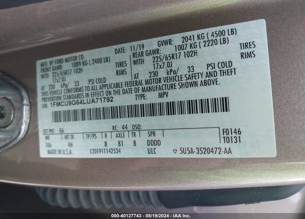 2020 FORD ESCAPE VIN: 1FMCU9G64LUA71792