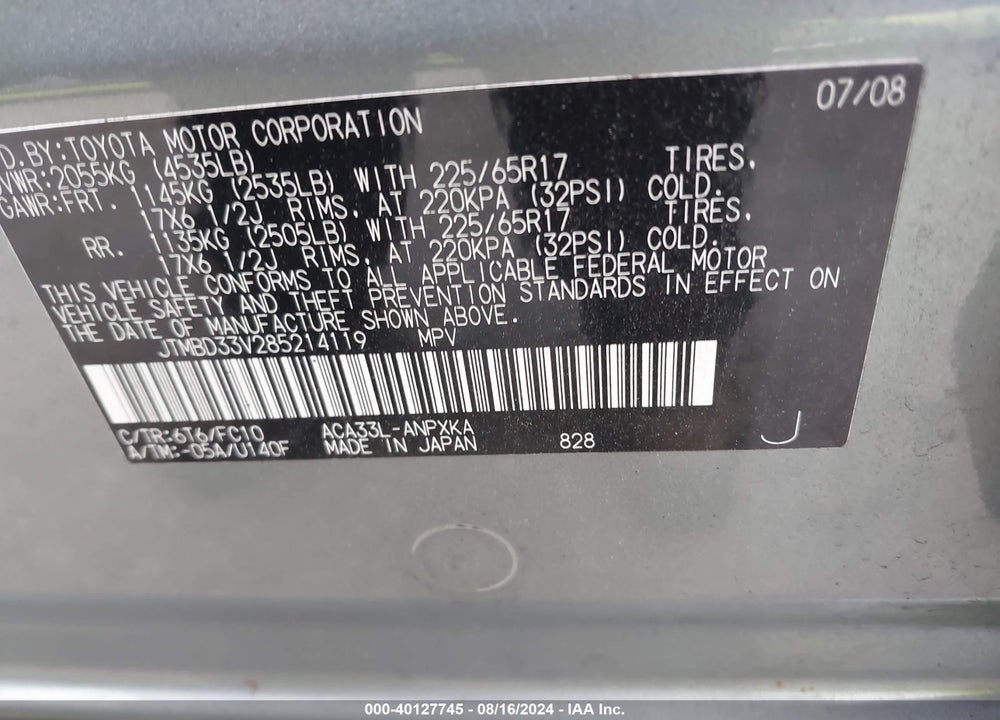 2008 TOYOTA RAV4 VIN: JTMBD33V285214119