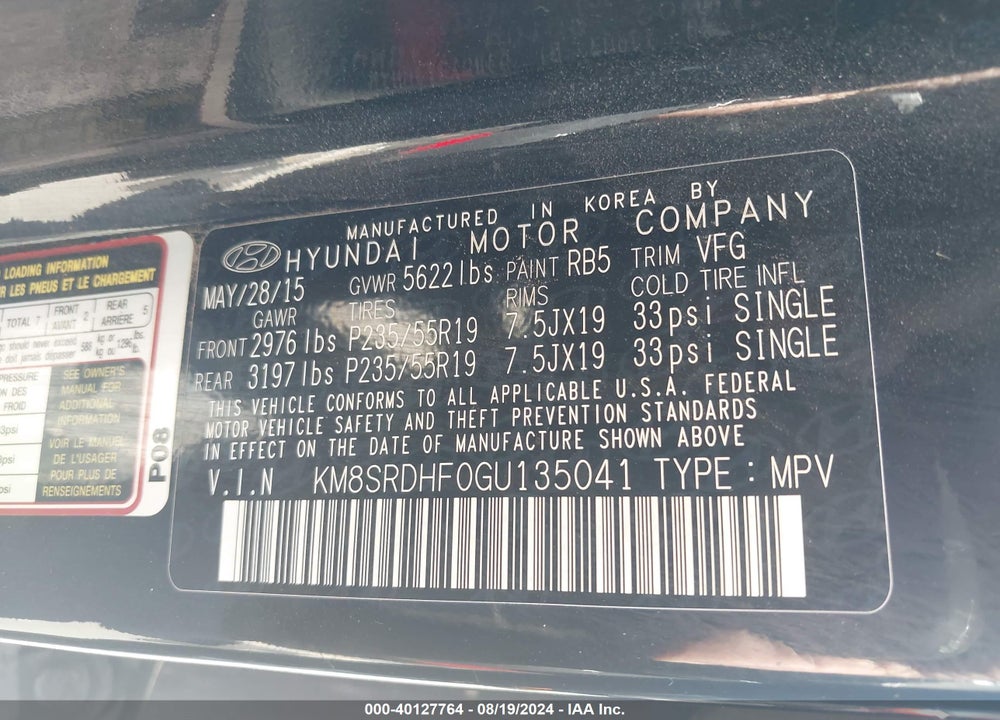 2016 HYUNDAI SANTA FE SE VIN: KM8SRDHF0GU135041