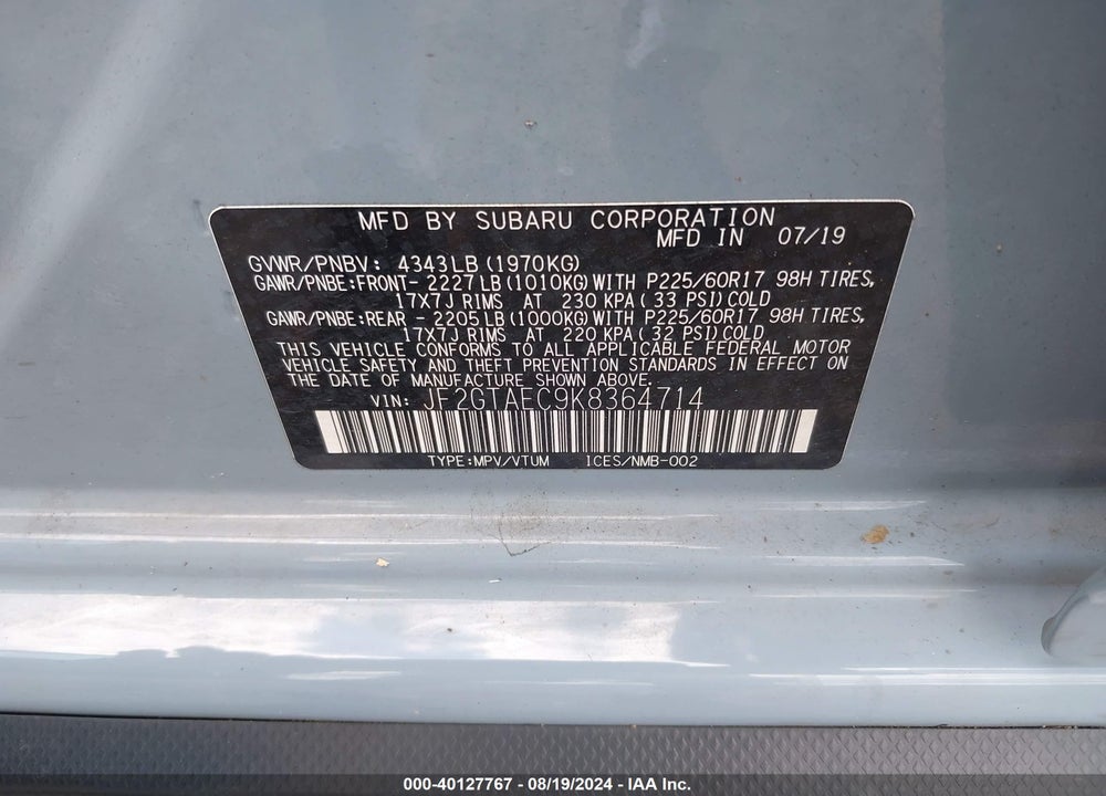 2019 SUBARU CROSSTREK 2.0I PREMIUM VIN: JF2GTAEC9K8364714
