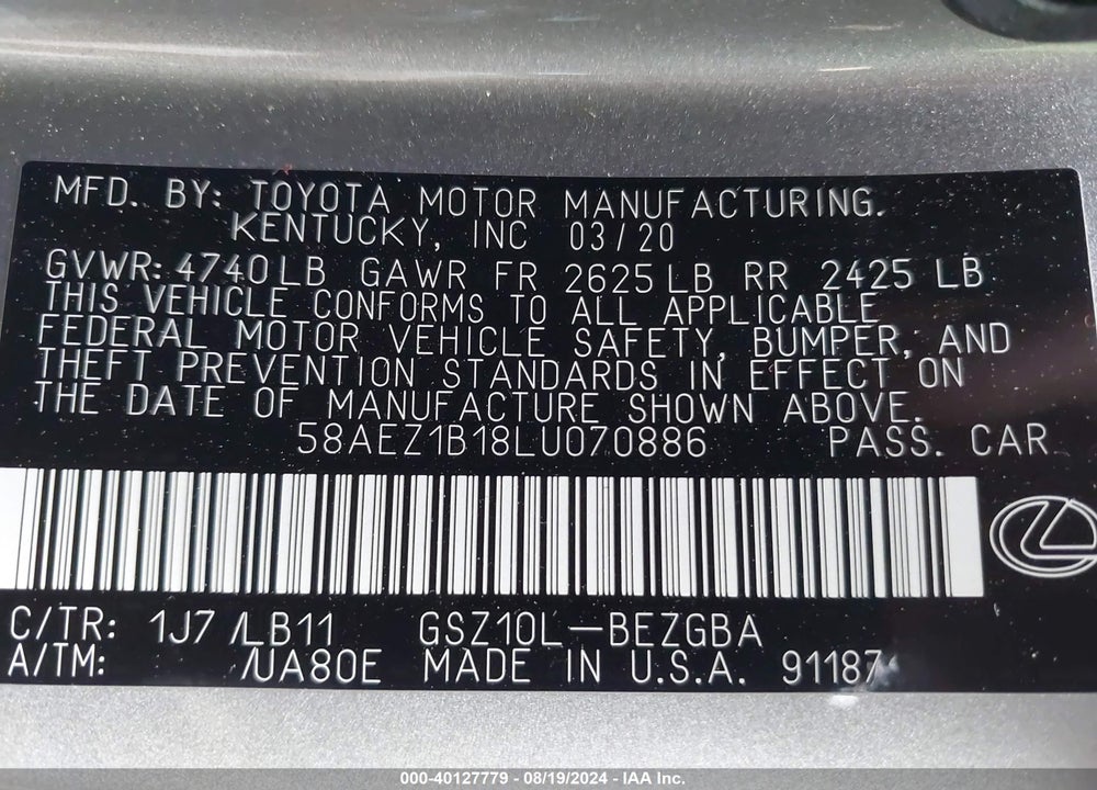 2020 LEXUS ES 350 VIN: 58AEZ1B18LU070886