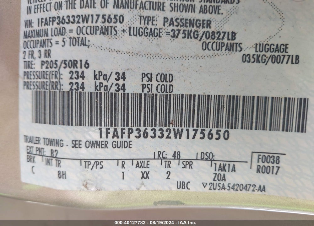 2002 FORD FOCUS SE/ZTW VIN: 1FAFP36332W175650