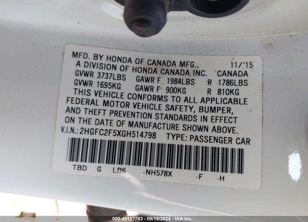 2016 HONDA CIVIC LX VIN: 2HGFC2F5XGH514798