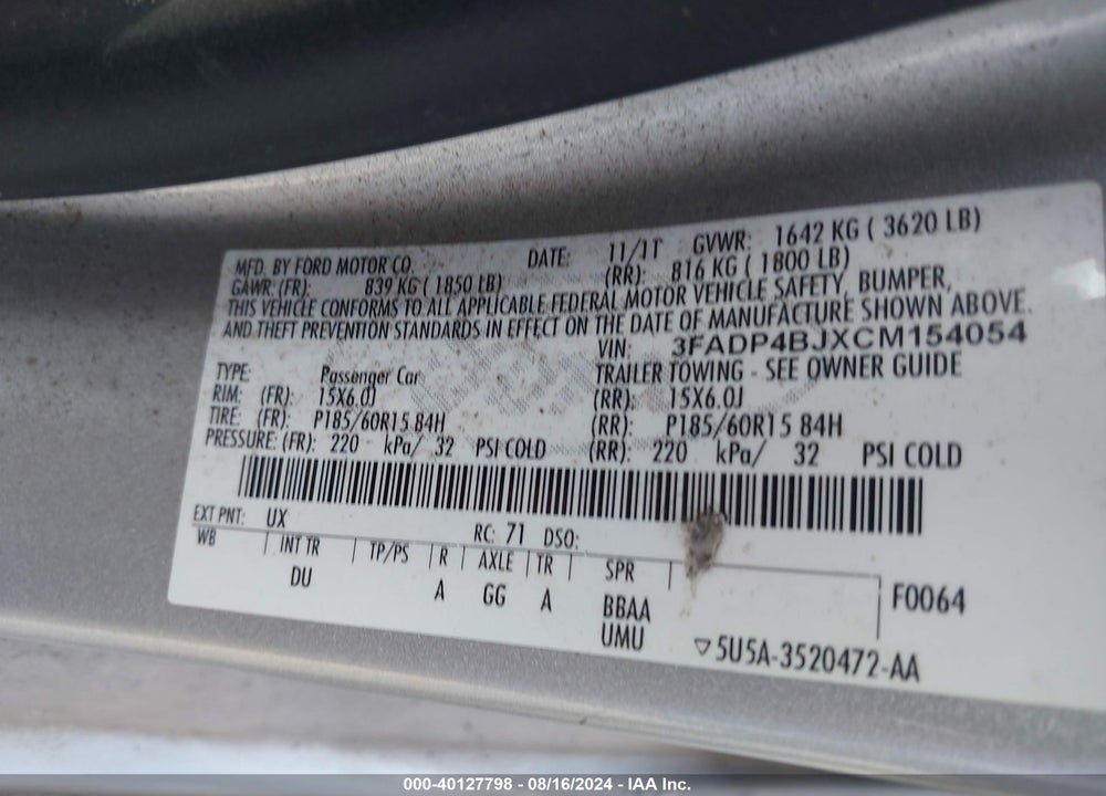 2012 FORD FIESTA SE VIN: 3FADP4BJXCM154054