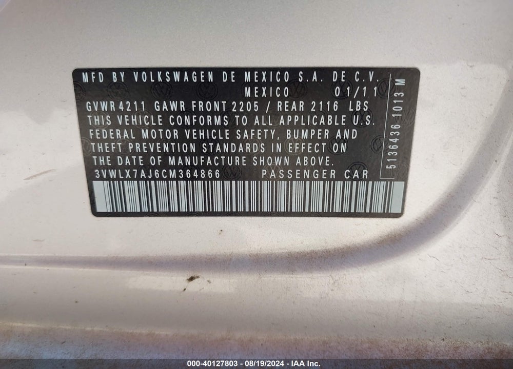 2012 VOLKSWAGEN JETTA 2.5L SEL VIN: 3VWLX7AJ6CM364866