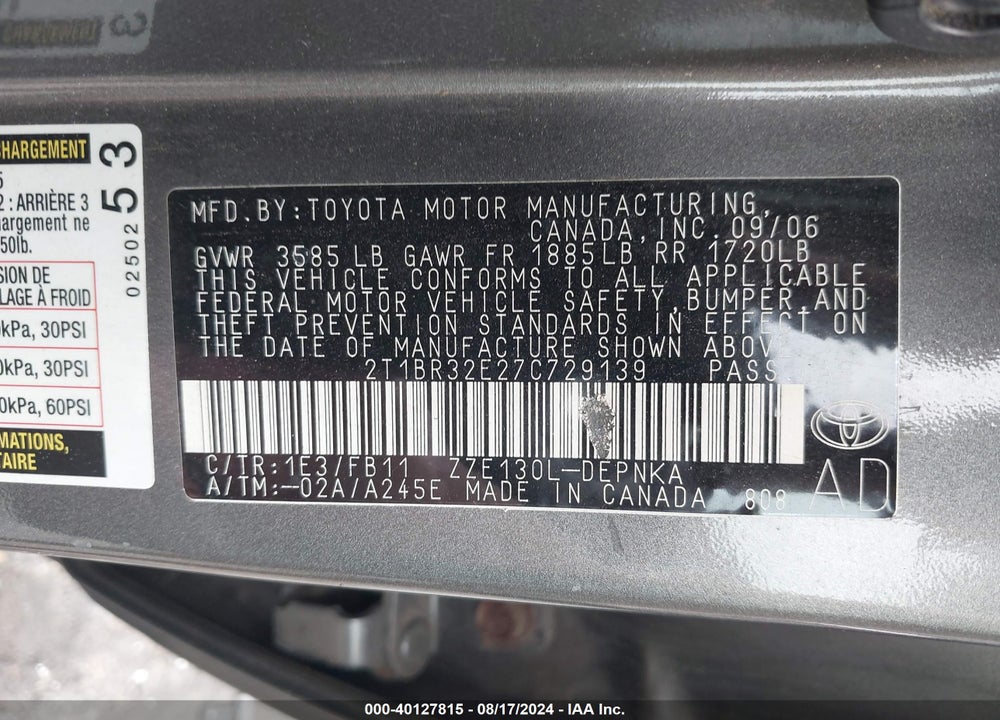 2007 TOYOTA COROLLA LE VIN: 2T1BR32E27C729139