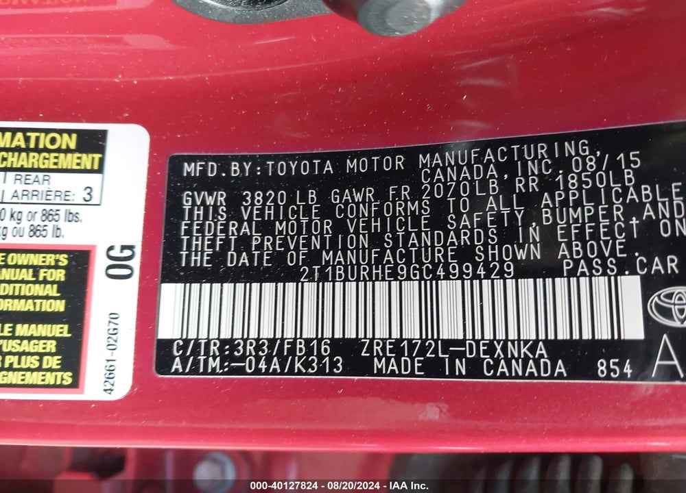 2016 TOYOTA COROLLA L/LE/LE PLUS/LE PREMIUM/S/S PLUS/S PREMIUM/S W/SPECIAL EDITION PKG VIN: 2T1BURHE9GC499429