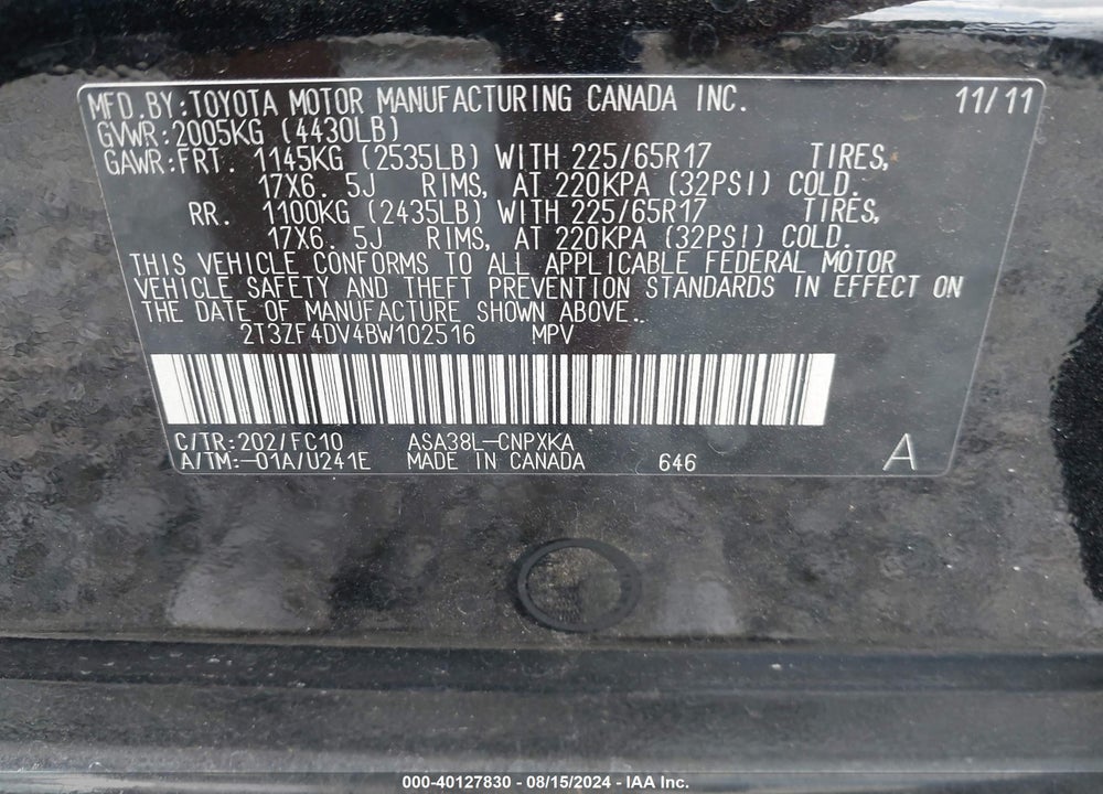 2011 TOYOTA RAV4 VIN: 2T3ZF4DV4BW102516