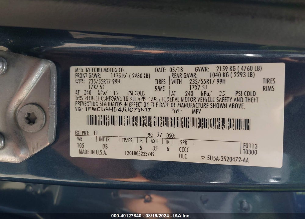 2018 FORD ESCAPE SEL VIN: 1FMCU9HD4JUC73817