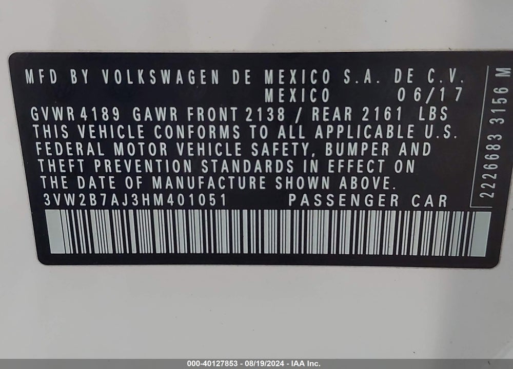 2017 VOLKSWAGEN JETTA 1.4T S VIN: 3VW2B7AJ3HM401051