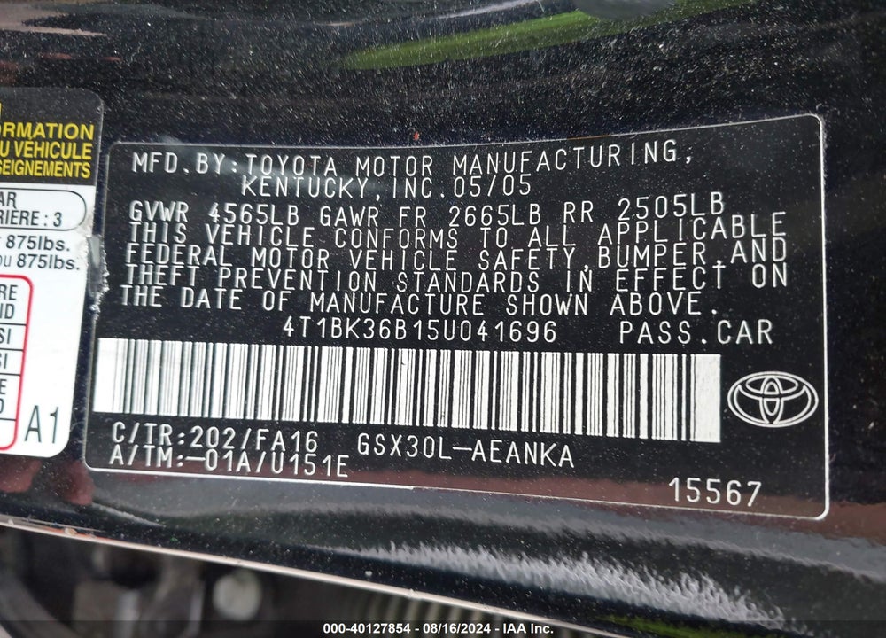 2005 TOYOTA AVALON XL VIN: 4T1BK36B15U041696