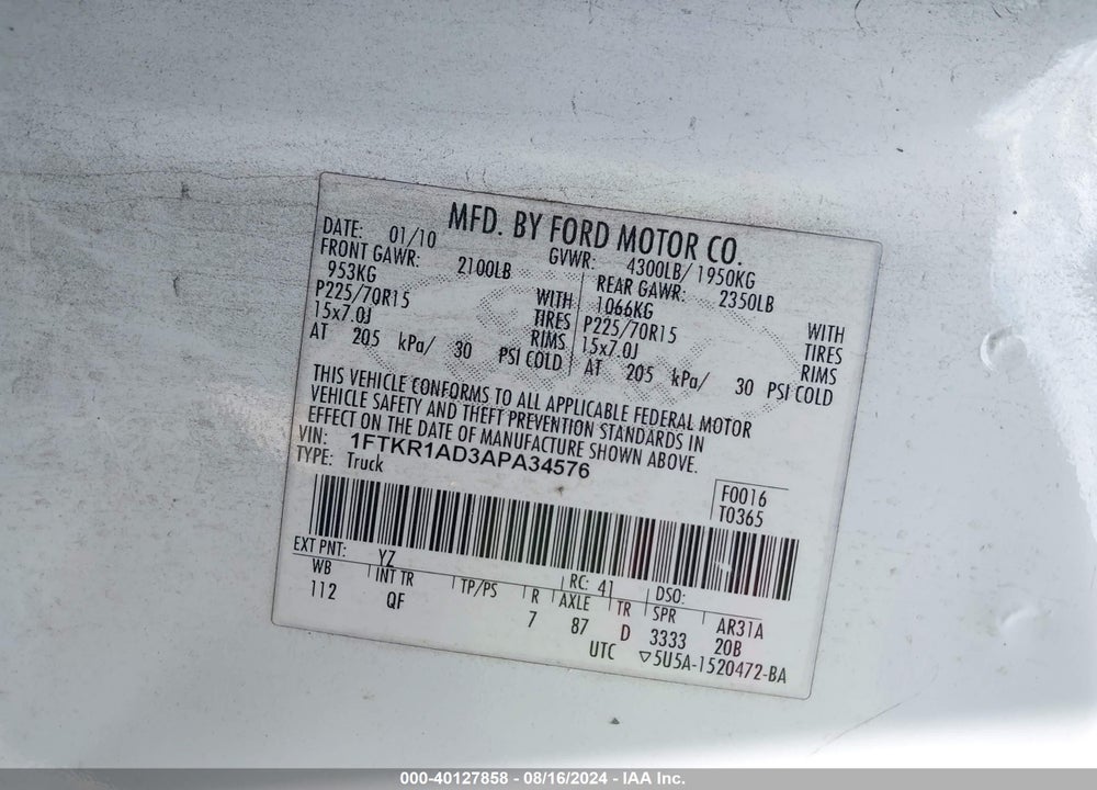 2010 FORD RANGER XL VIN: 1FTKR1AD3APA34576