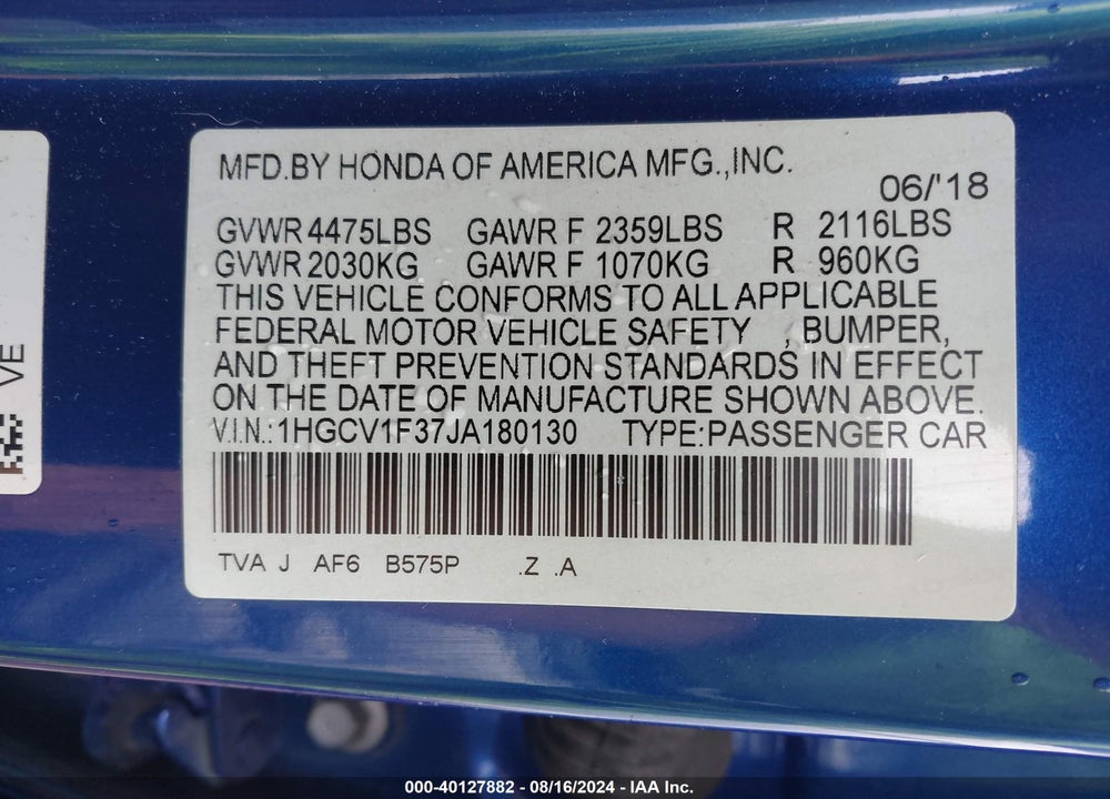2018 HONDA ACCORD SPORT VIN: 1HGCV1F37JA180130