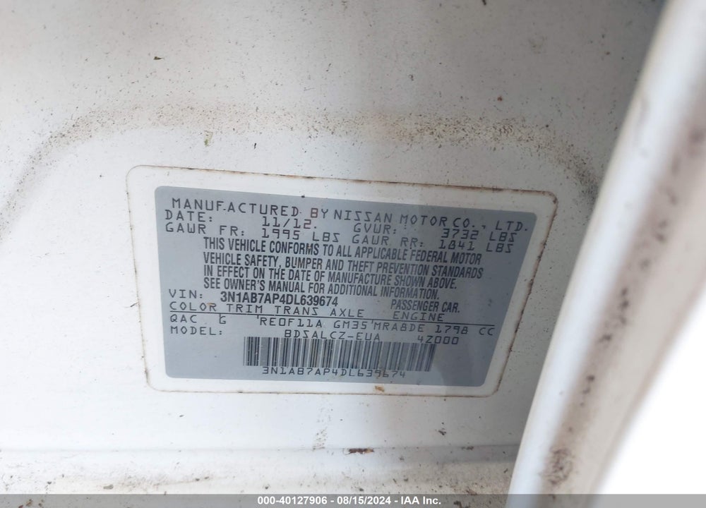 2013 NISSAN SENTRA S VIN: 3N1AB7AP4DL639674