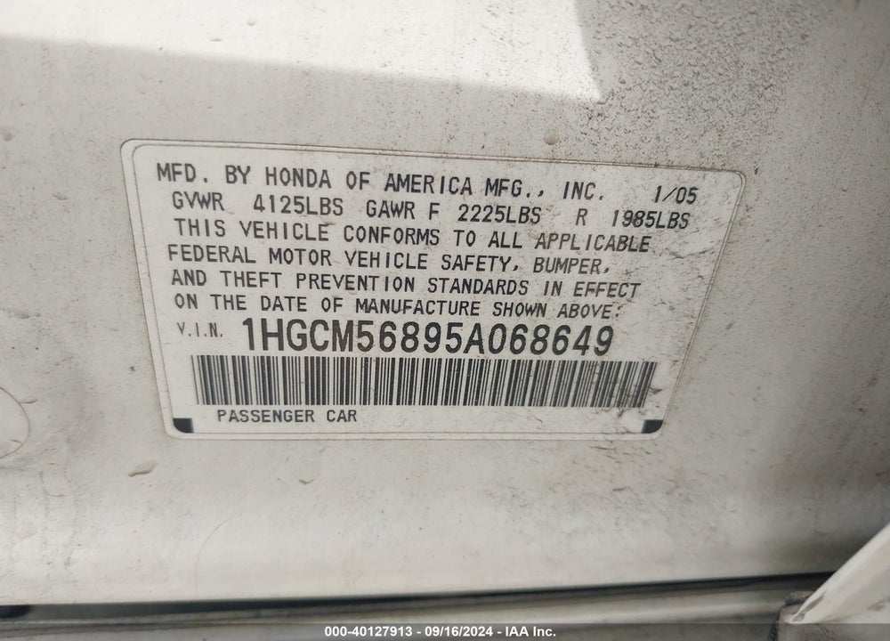 2005 HONDA ACCORD 2.4 EX VIN: 1HGCM56895A068649