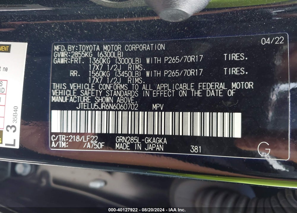 2022 TOYOTA 4RUNNER TRD PRO VIN: JTELU5JR6N6060702