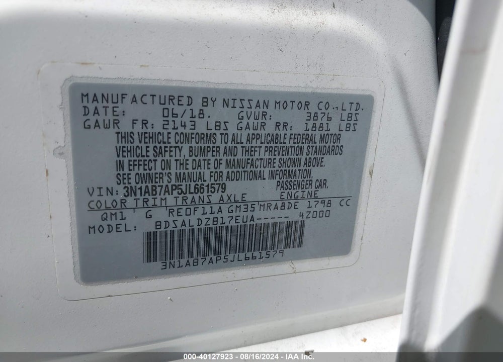 2018 NISSAN SENTRA SV VIN: 3N1AB7AP5JL661579