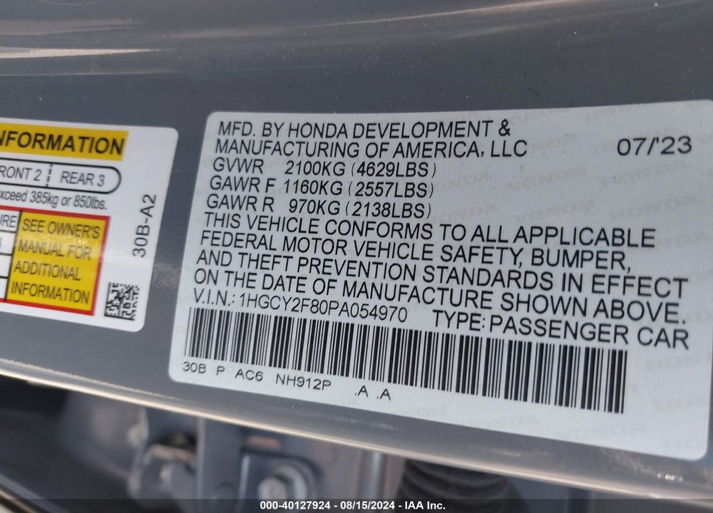 2023 HONDA ACCORD HYBRID TOURING VIN: 1HGCY2F80PA054970