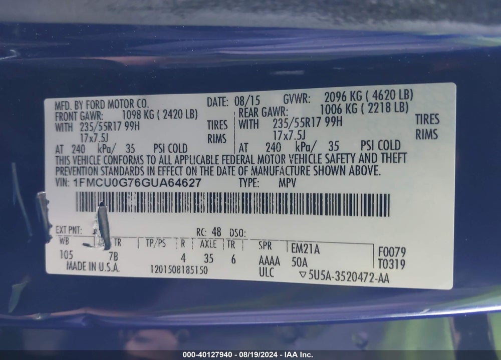 2016 FORD ESCAPE SE VIN: 1FMCU0G76GUA64627